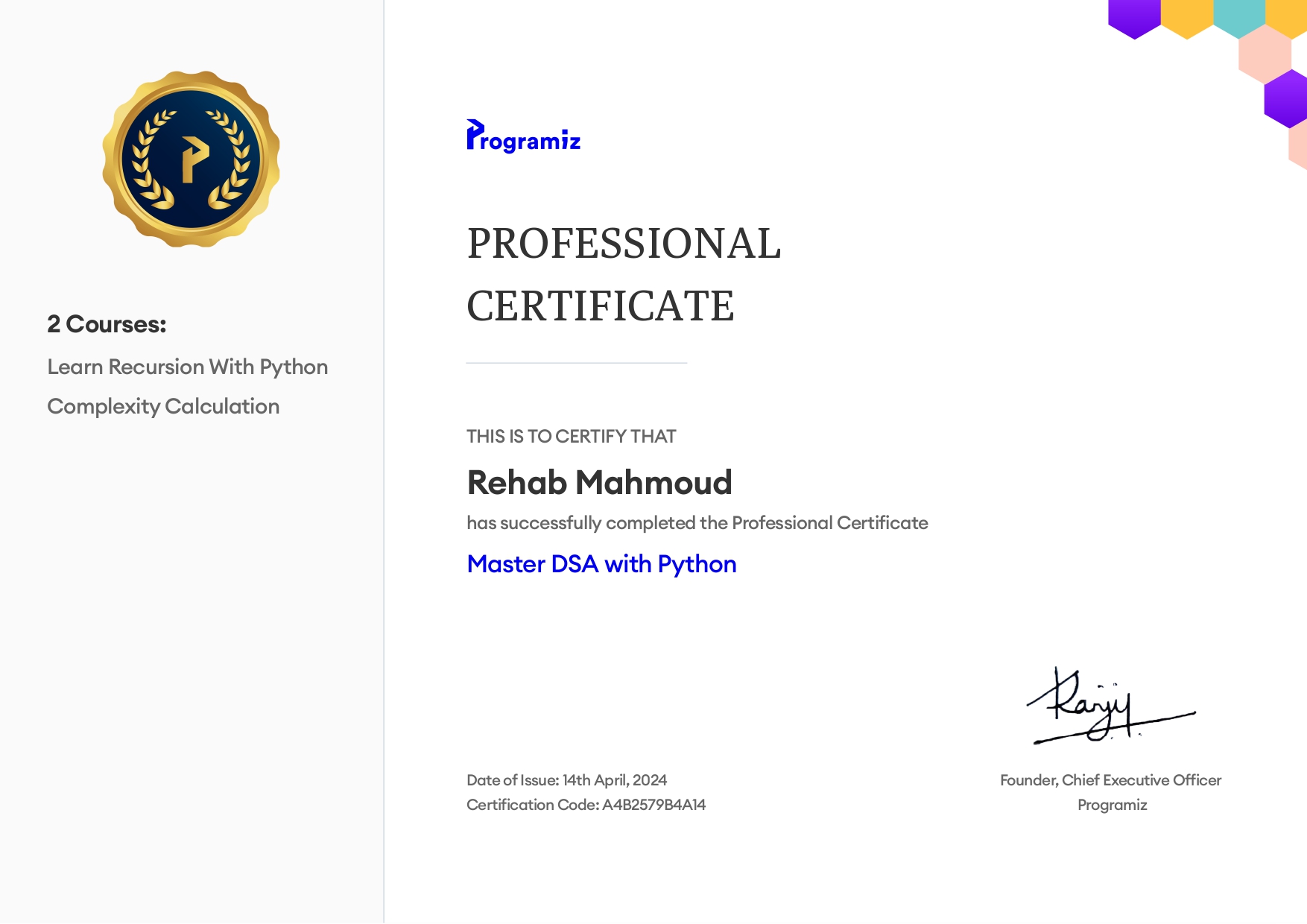 Data Structures and Algorithms Certificate